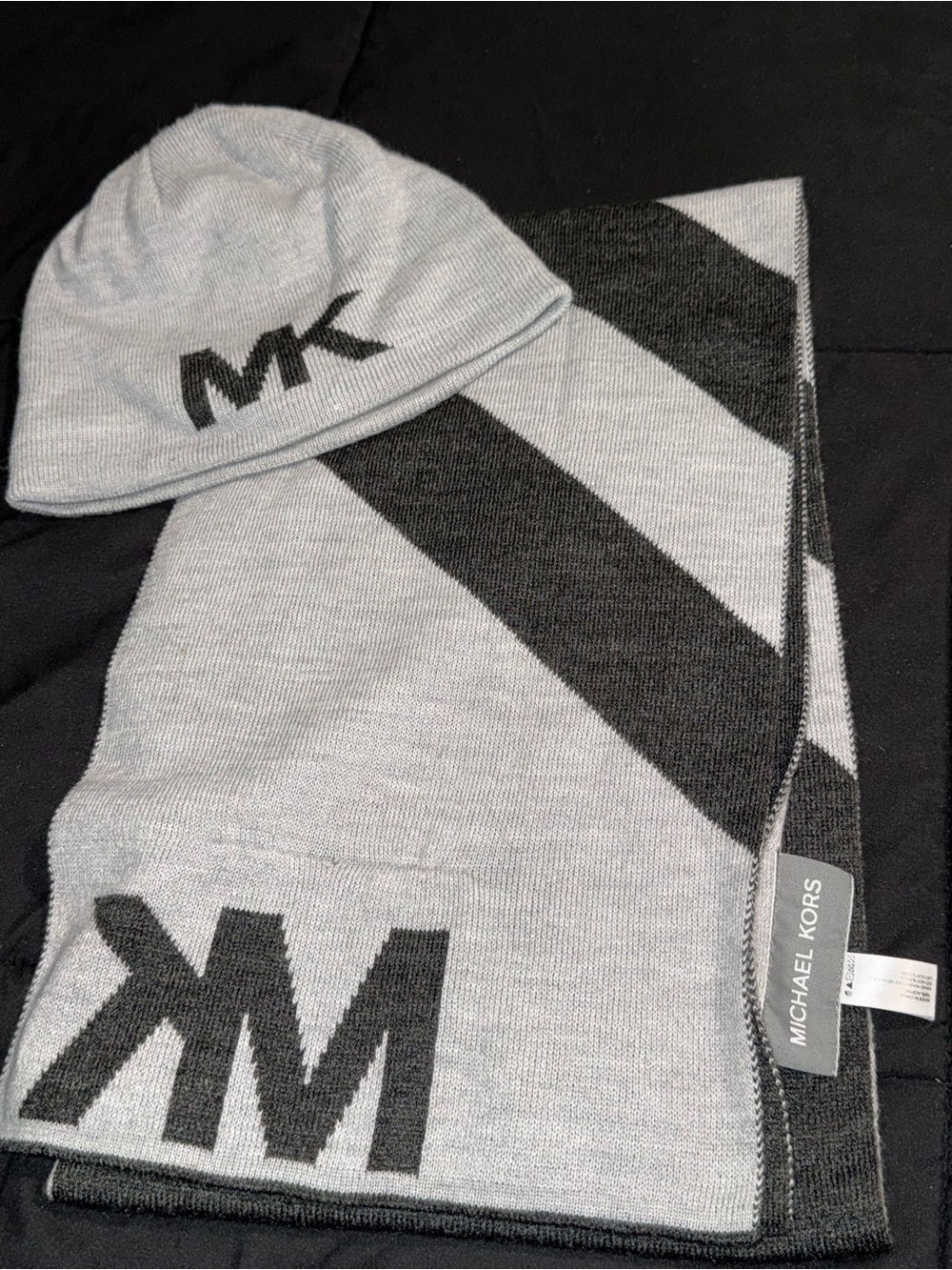 Michael Kors Gray & Black MK Logo Knit Beanie and Scarf Set